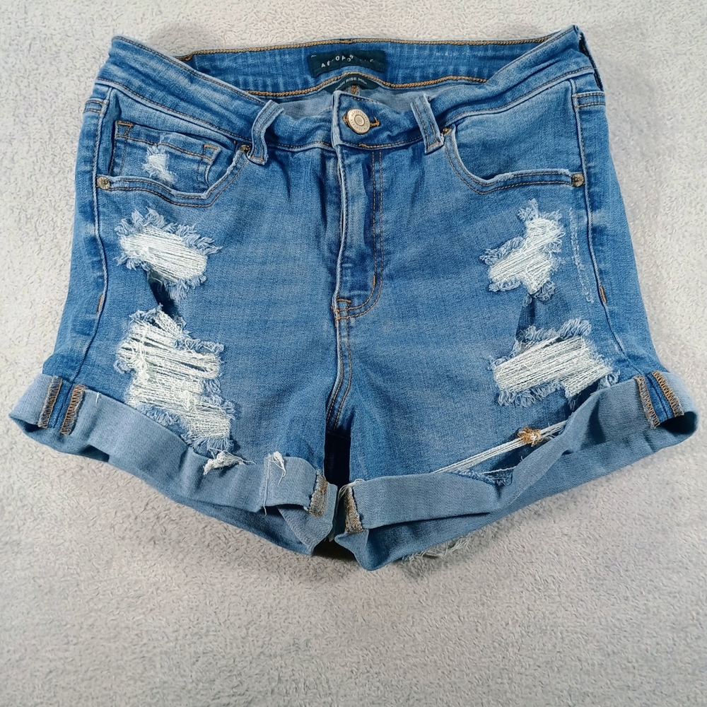 Aeropostale Womens High Rise Midi Blue 8 Distressed Cuffed Denim‎ Shorts